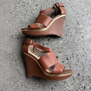 INC International Concepts Women’s 8.5 Brown Leather Platform Wedge Sandals Y2K